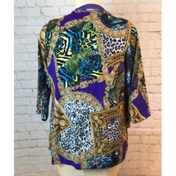 Reversible Open Jacket Purple Gold Animal Print Pattern Blazer Coat Medium - Picture 2 of 6